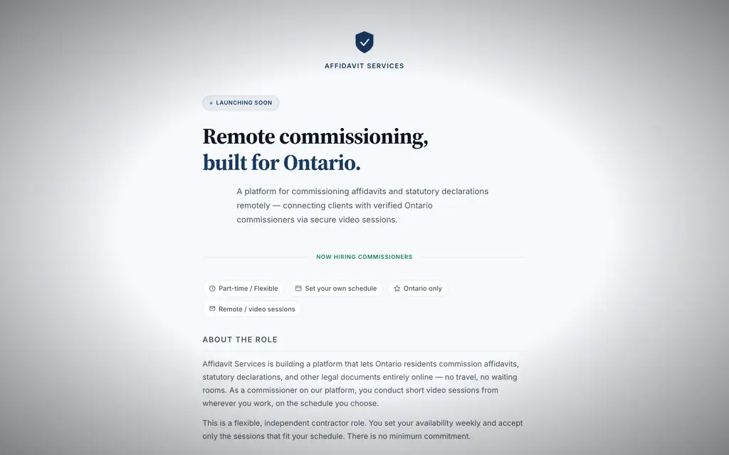 Affidavit Services: Remote commissioning for Ontario affidavits and statutory declarations, over secure video.
