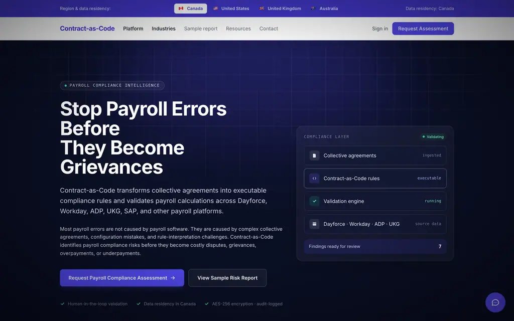 Contract-as-Code: Turns collective agreements into executable compliance rules and checks payroll against them, catching errors before they become grievances.