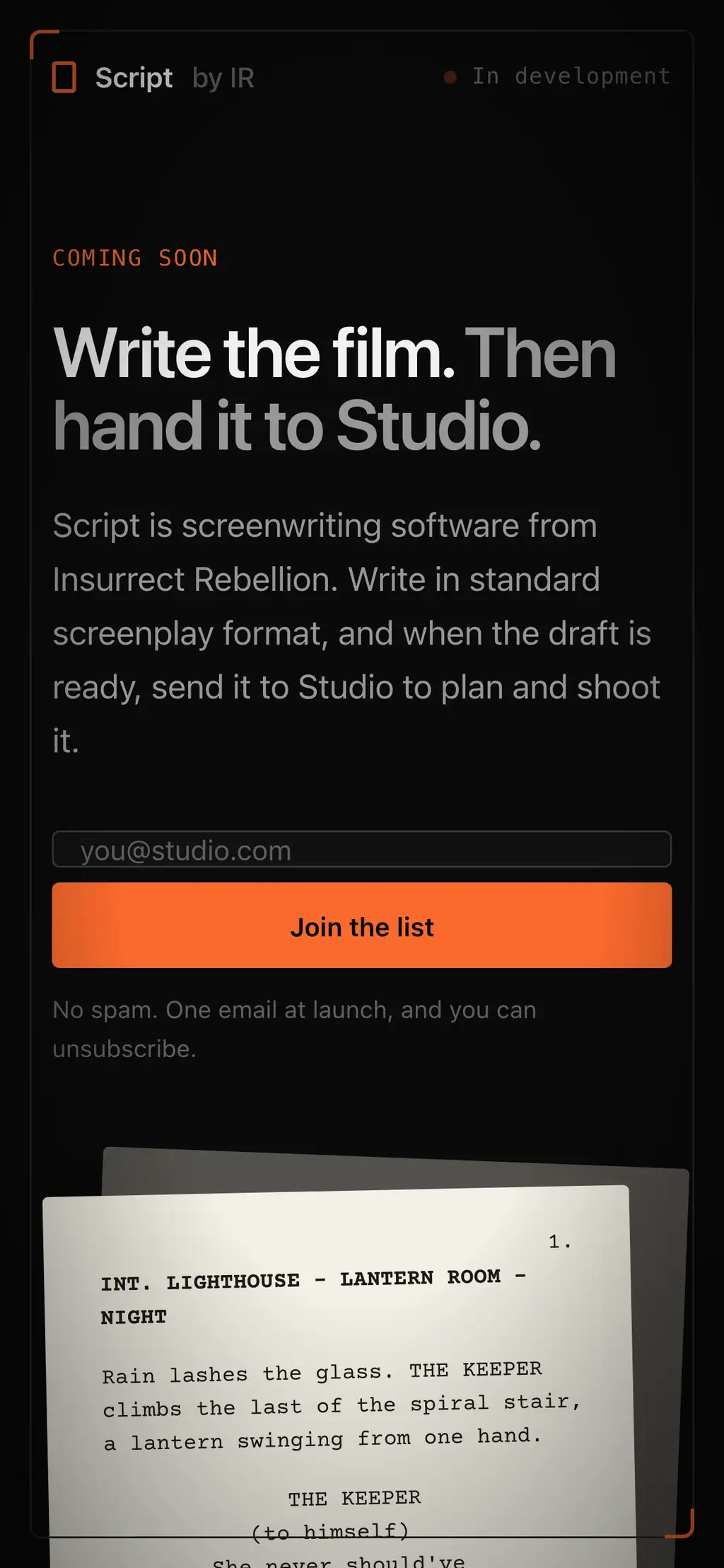 Script by Insurrect Rebellion website on a phone, screen 1