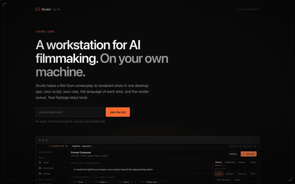 Studio by Insurrect Rebellion: A desktop workstation for AI filmmaking. Your footage stays on your own machine.